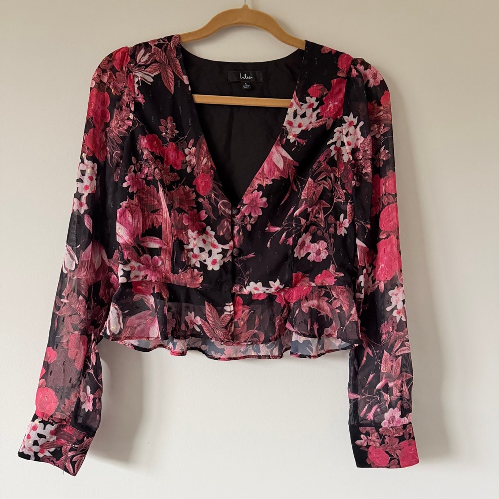 Lulus Black Pink Floral Metallic Clip Dot Peplum V-Neck Long Sleeve Blouse Small